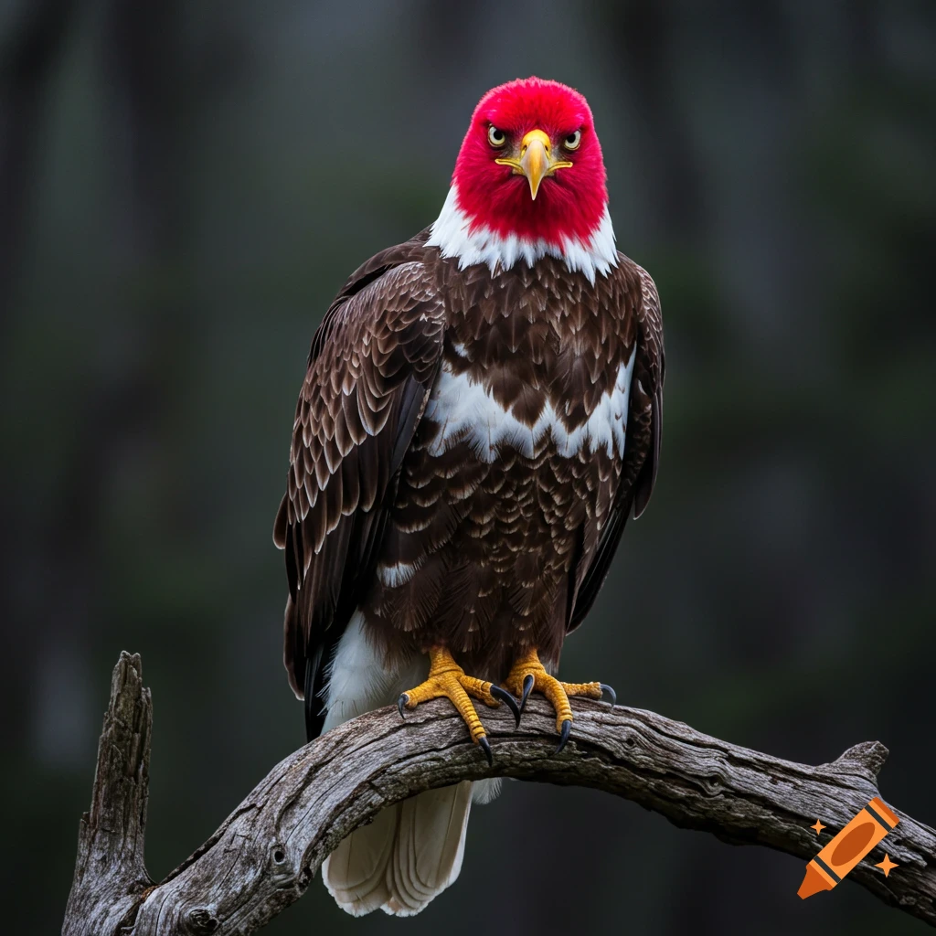 A bald eagle with a vibrant red head sits on a branch.