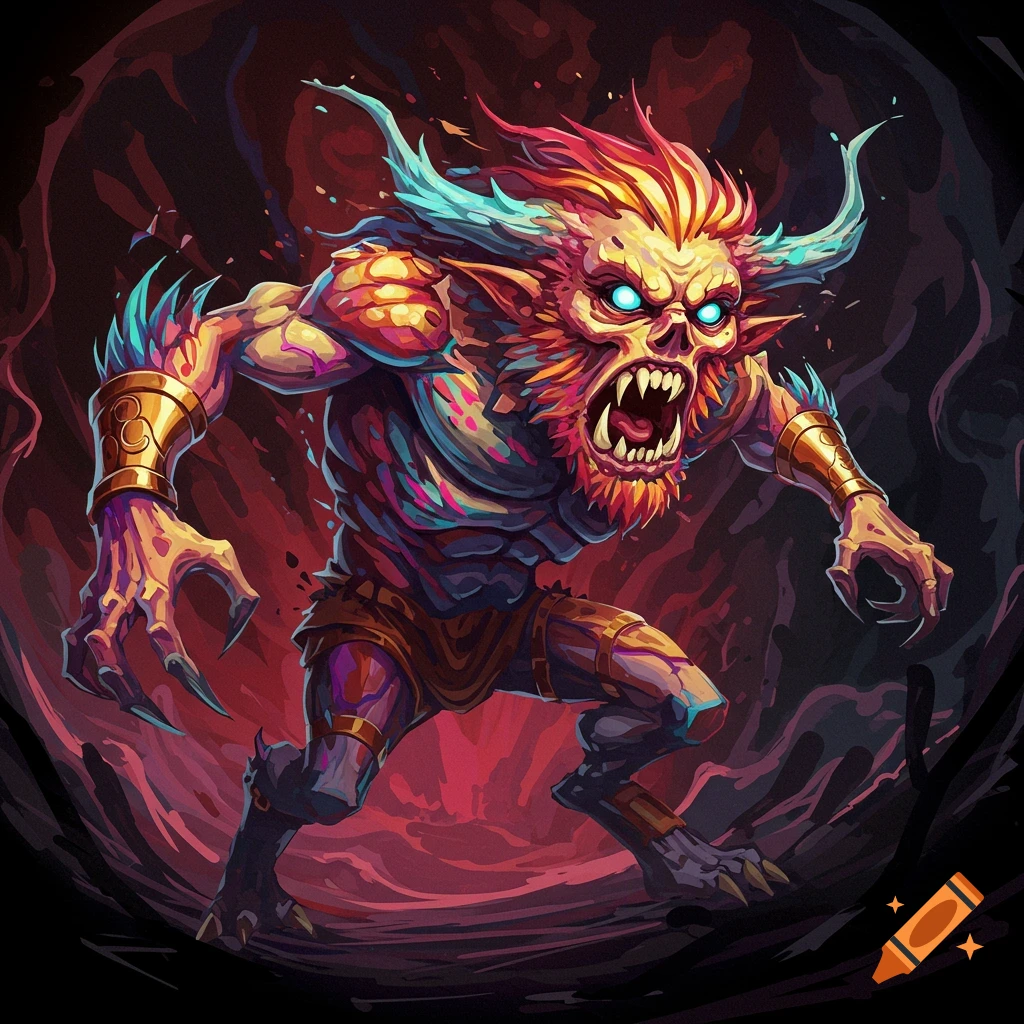 A colorful, stylized monster with glowing blue eyes, horns, sharp teeth, and claws lunges forward.
