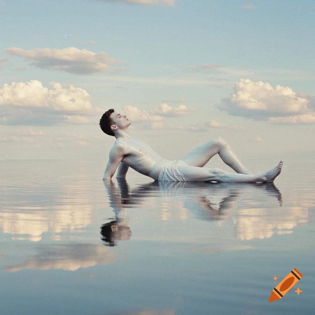 A shiny person lies back in calm water under a cloudy sky, reflecting on the surface.