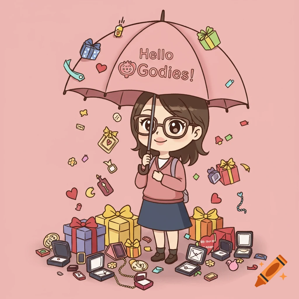 Anime style woman with umbrella, "Hello Goodies!" text, raining gifts
