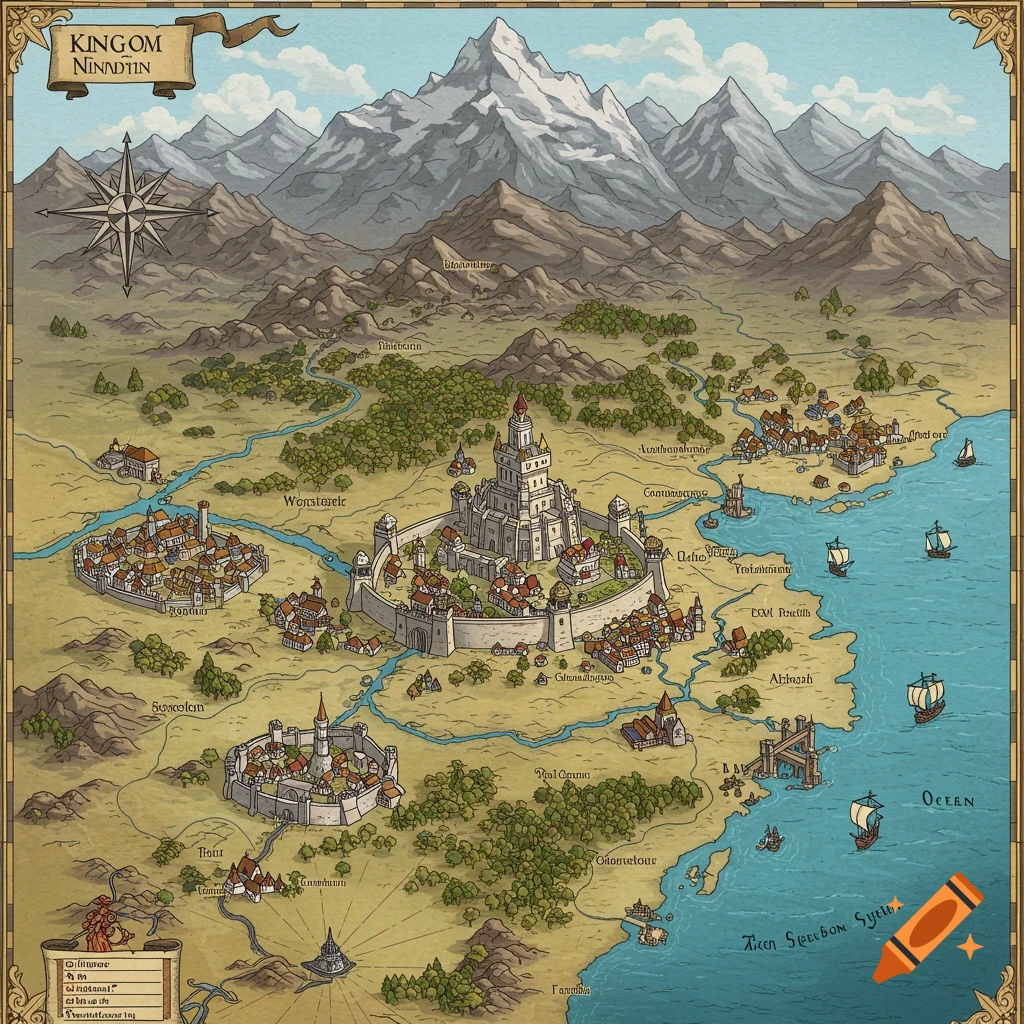 Hand-drawn fantasy map of a kingdom with mountains, rivers, cities, and an ocean.