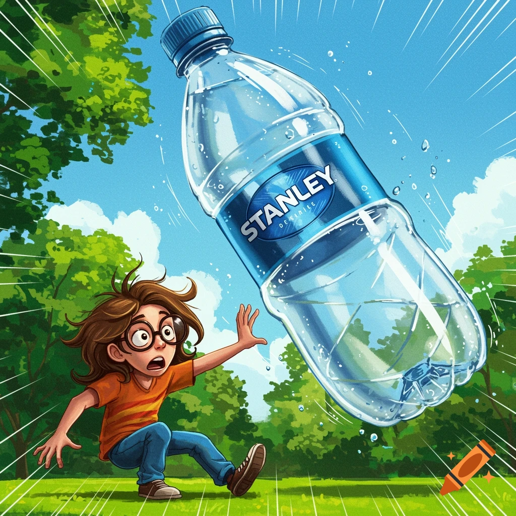 Stanley water bottle crashing on a boy with glasses