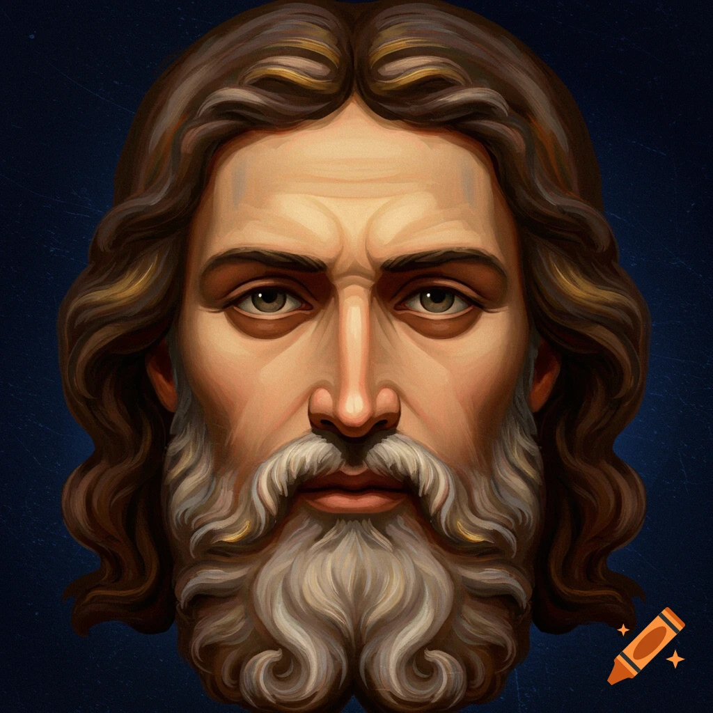 A painted portrait of a man's face with a beard and long hair