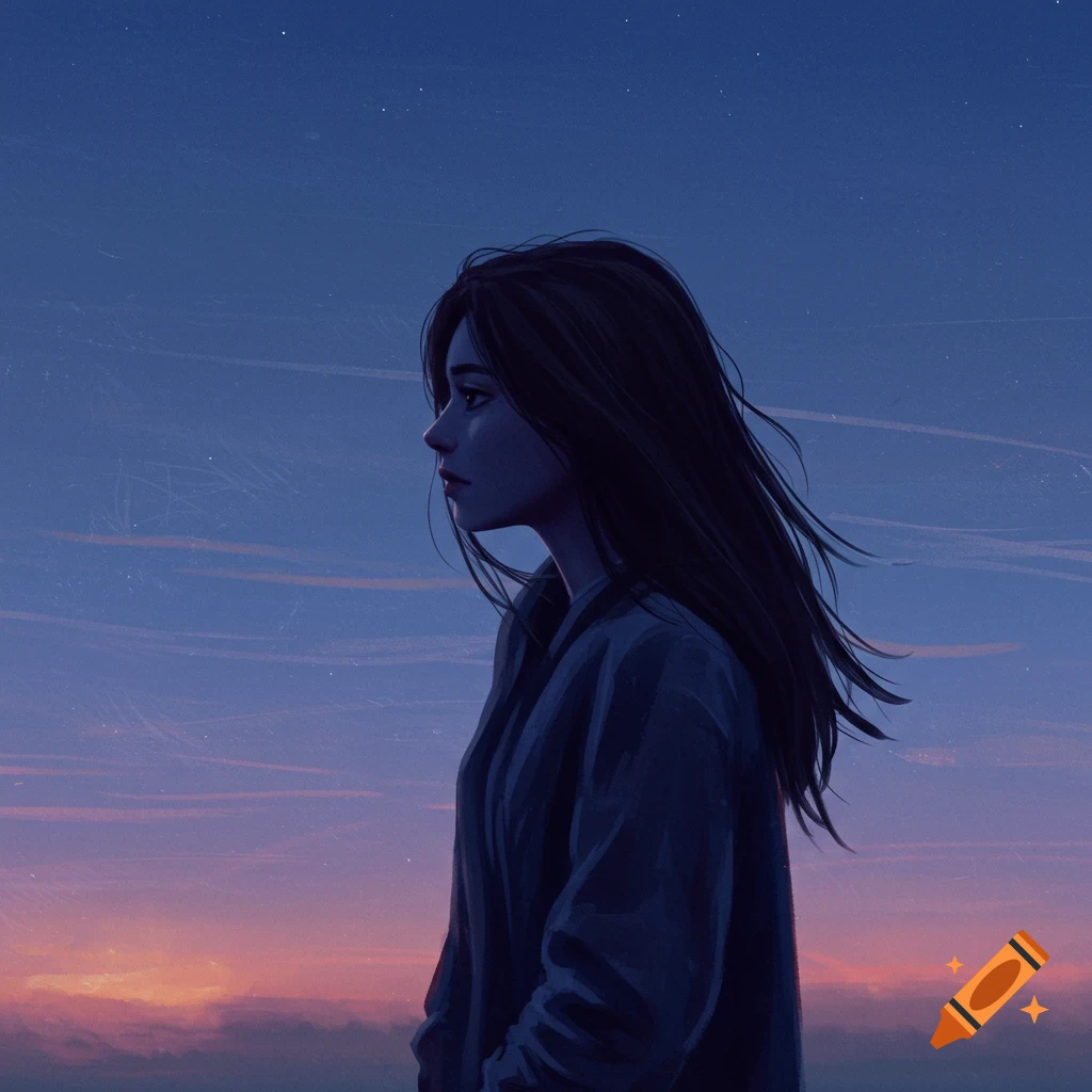 Illustration of a woman looking left against a twilight sky.
