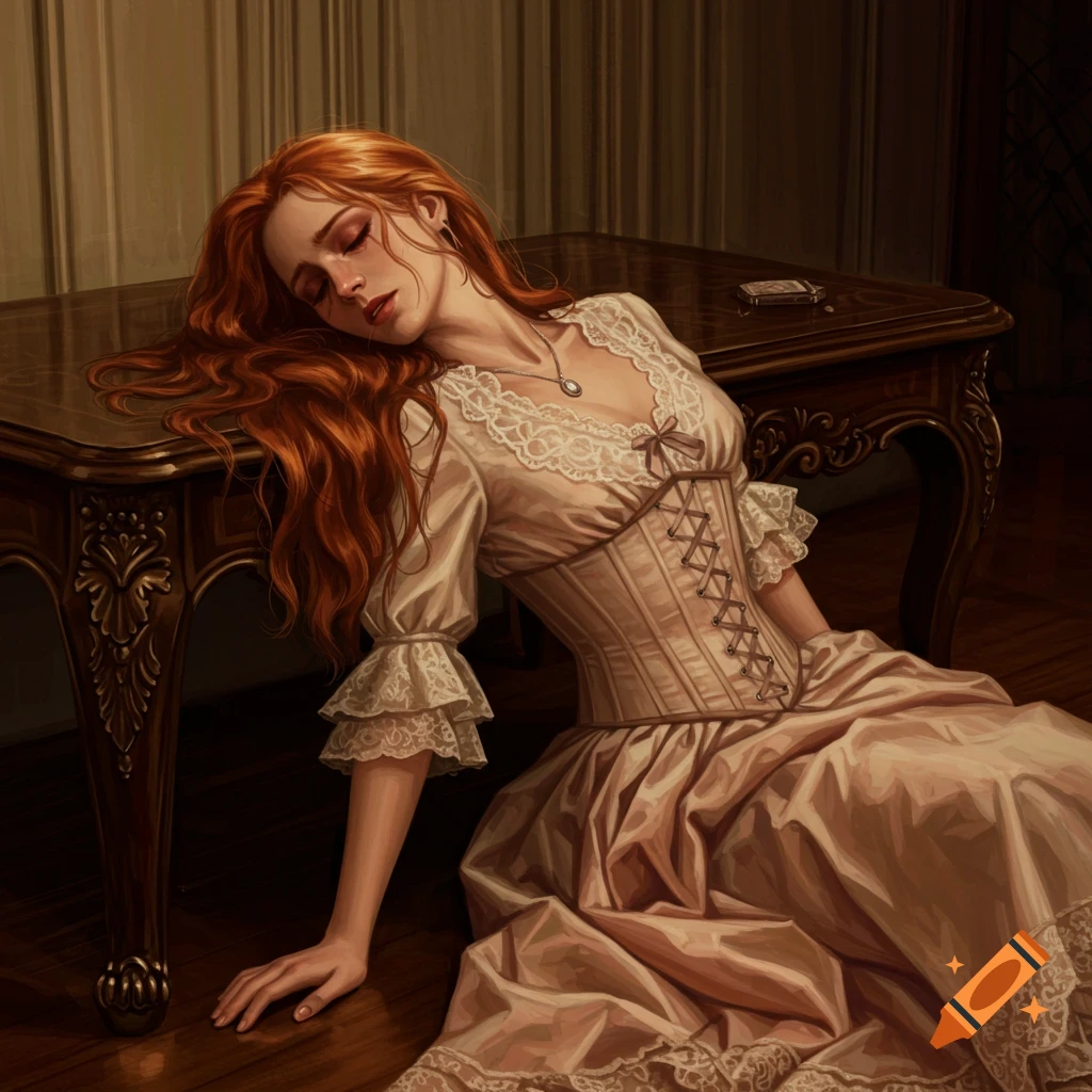 A woman in a historical dress with red hair is slumped over a table, looking like she has fainted. Painterly style.