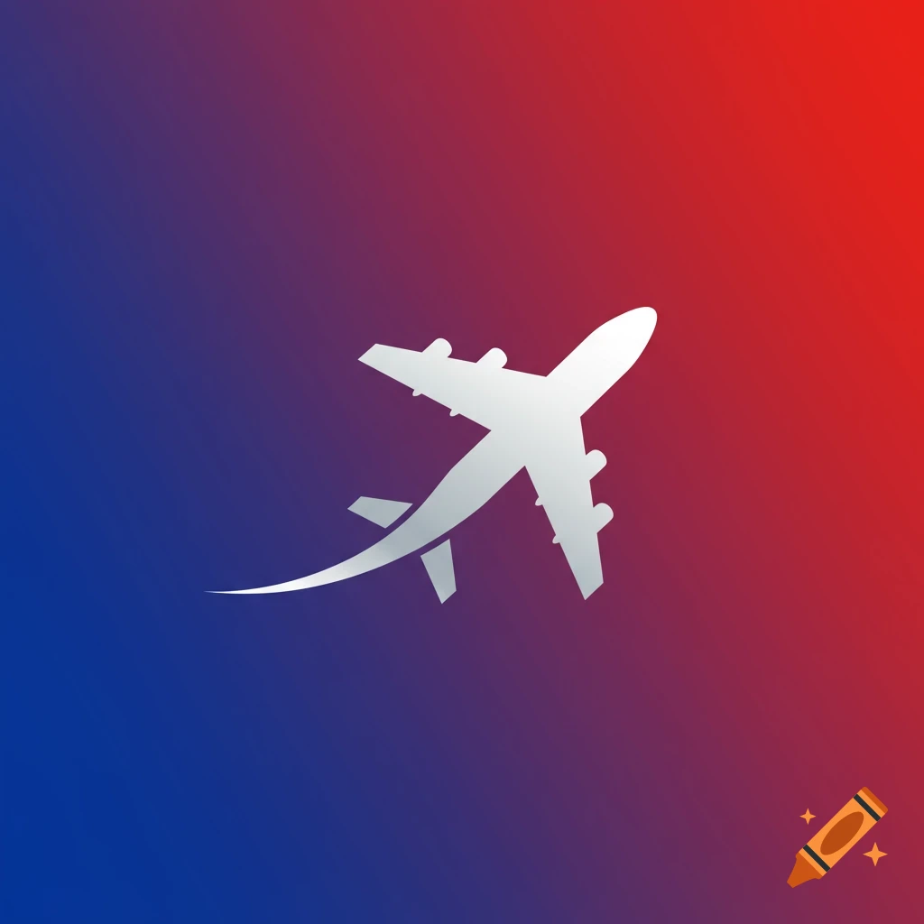 A white airplane logo against a red and blue gradient background.