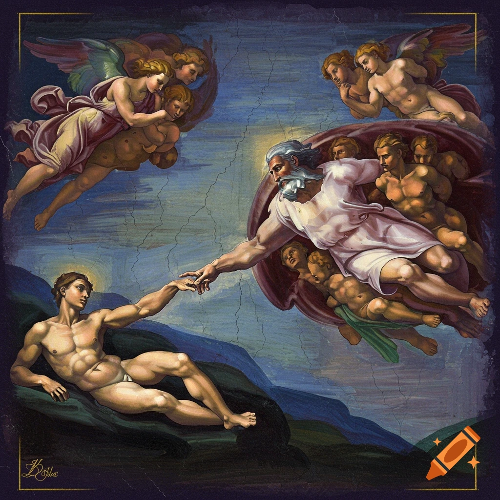 Renaissance painting of God reaching out to Adam, surrounded by angels