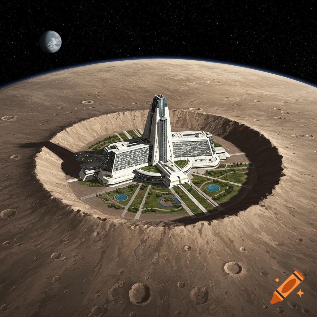 A futuristic building complex inside a crater on a planet or moon.