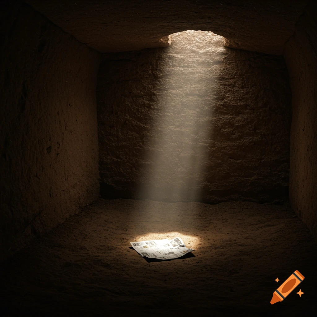 Ray of light shines through cell ceiling onto newspaper on dirt floor