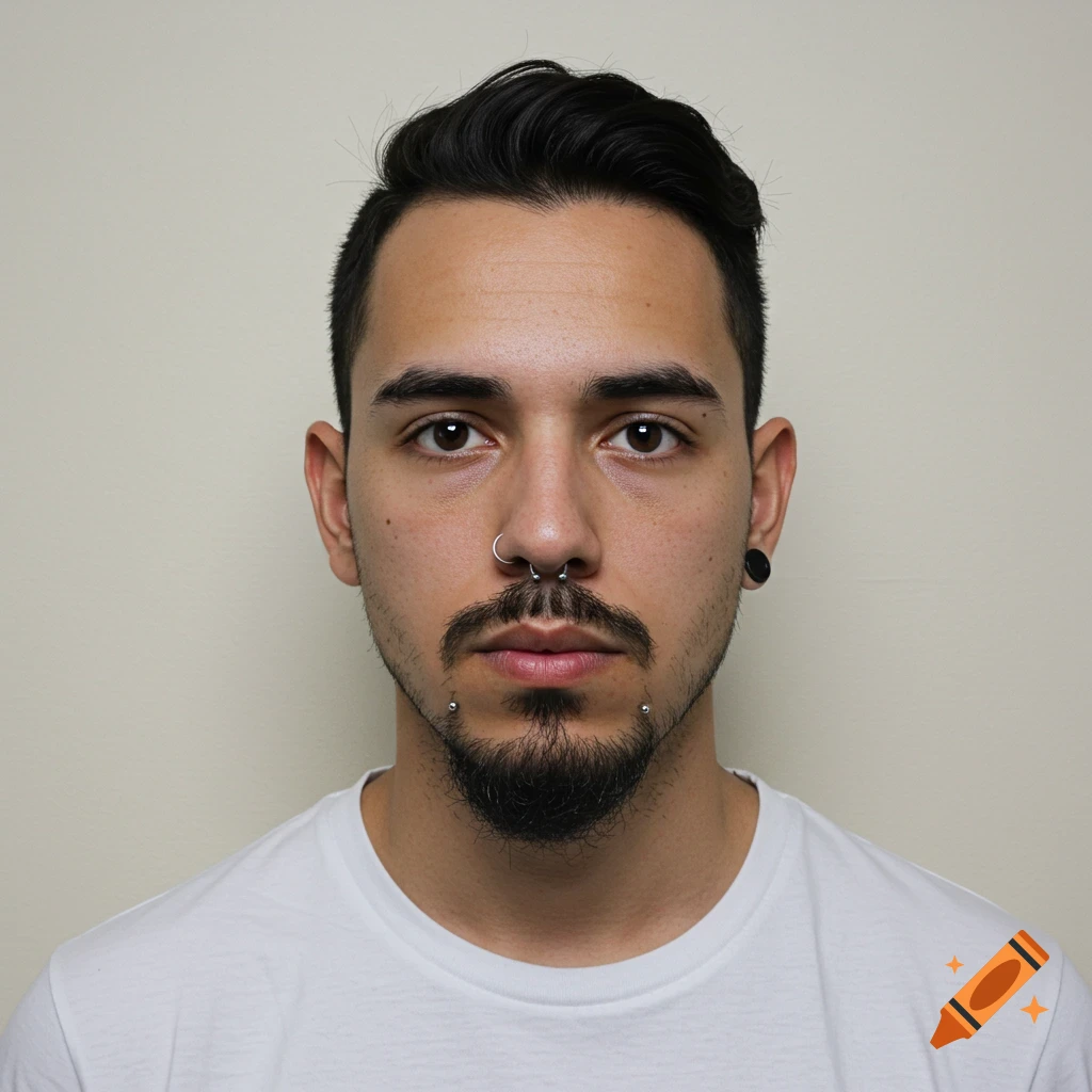 Close-up portrait of a man with a goatee, piercings, and fade haircut.