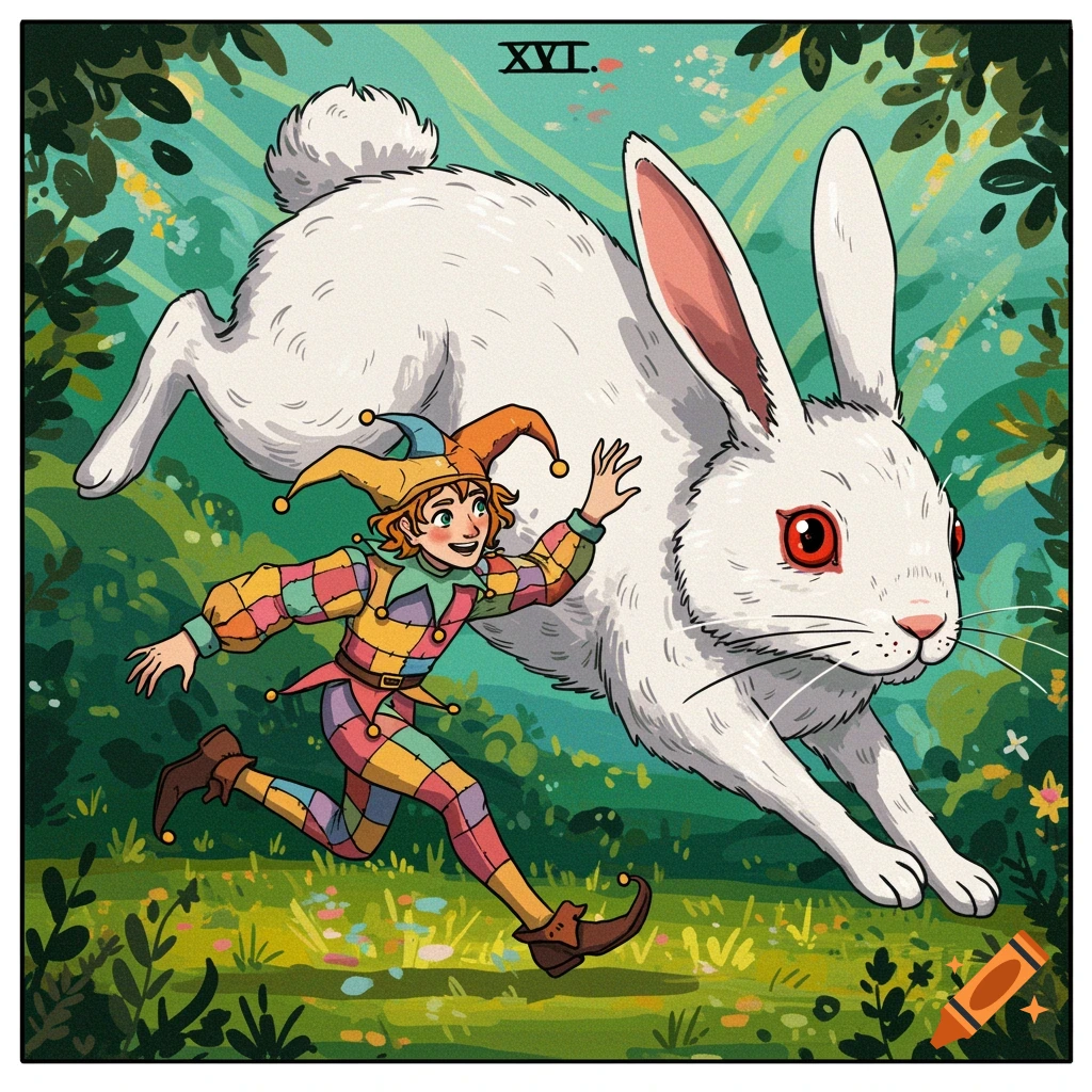 Tarot fool chased by a rabbit