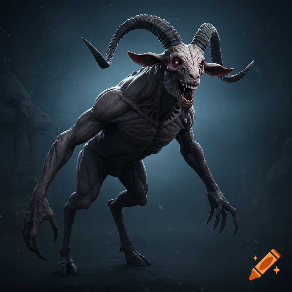 A menacing creature with goat horns, red eyes, sharp teeth, and muscular body stands in a dark setting.