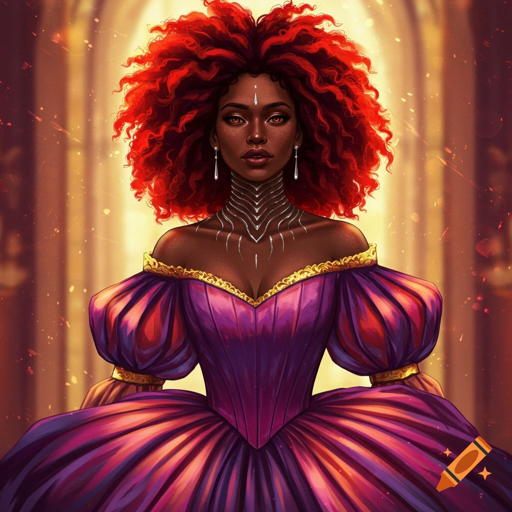 A woman with fiery red hair in a dramatic purple fantasy ballgown stands in a grand hall.