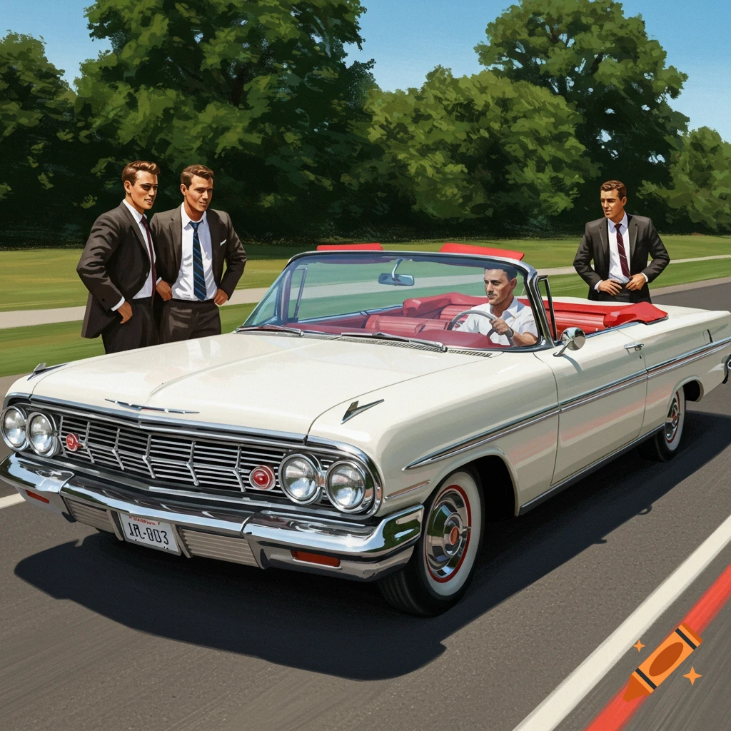 Three men with a white classic convertible car with red interior on a sunny road. Stylized illustration.