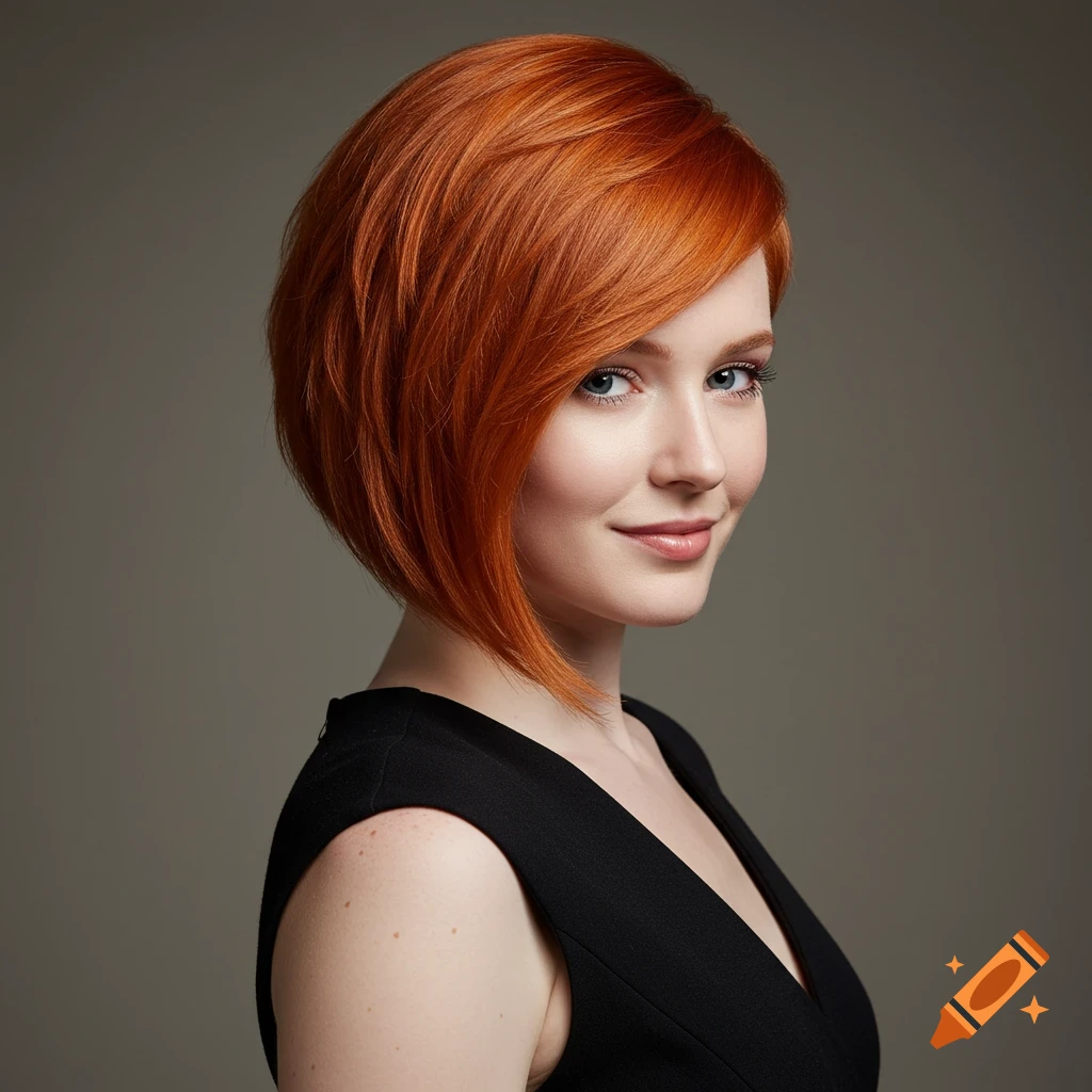 Portrait of a red-haired woman with an asymmetrical bob hairstyle wearing a black dress.