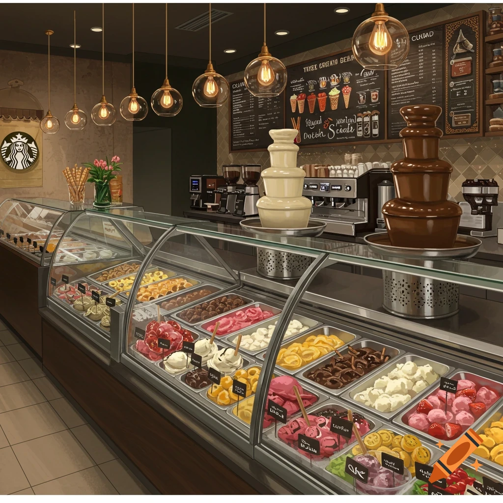 Coffee shop and ice cream parlor with showcases, chocolate fountains, coffee machines, and modern furniture.