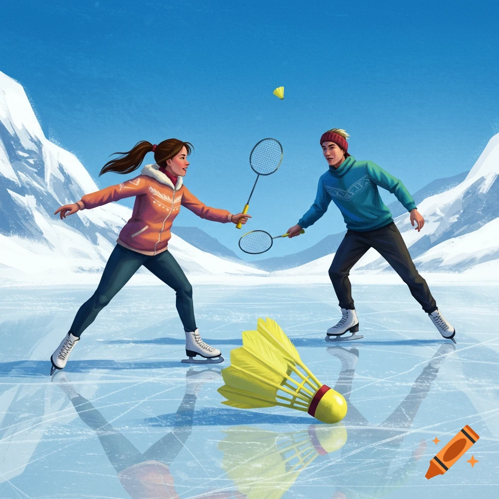Two people playing badminton on ice skates