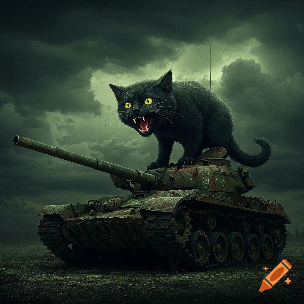 A black cat with glowing yellow eyes sits atop a rusty tank under a stormy green sky.
