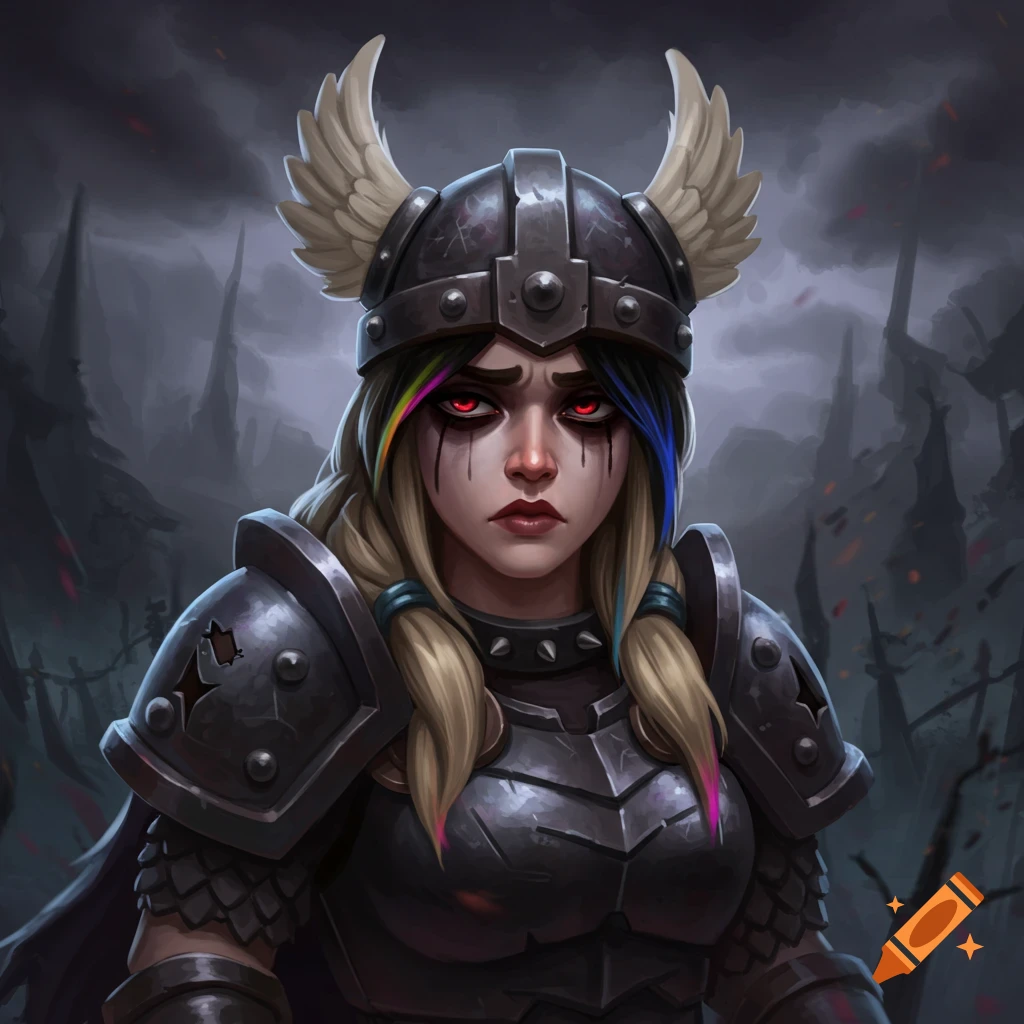 An emo Valkyrie in dark armor stands in a gloomy landscape.