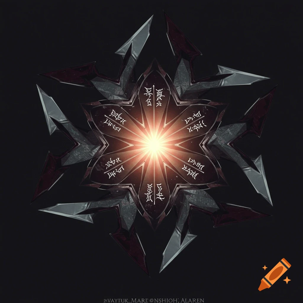 A sharp, metallic, star-like symbol with a glowing center and etched, illegible characters, on a dark background.