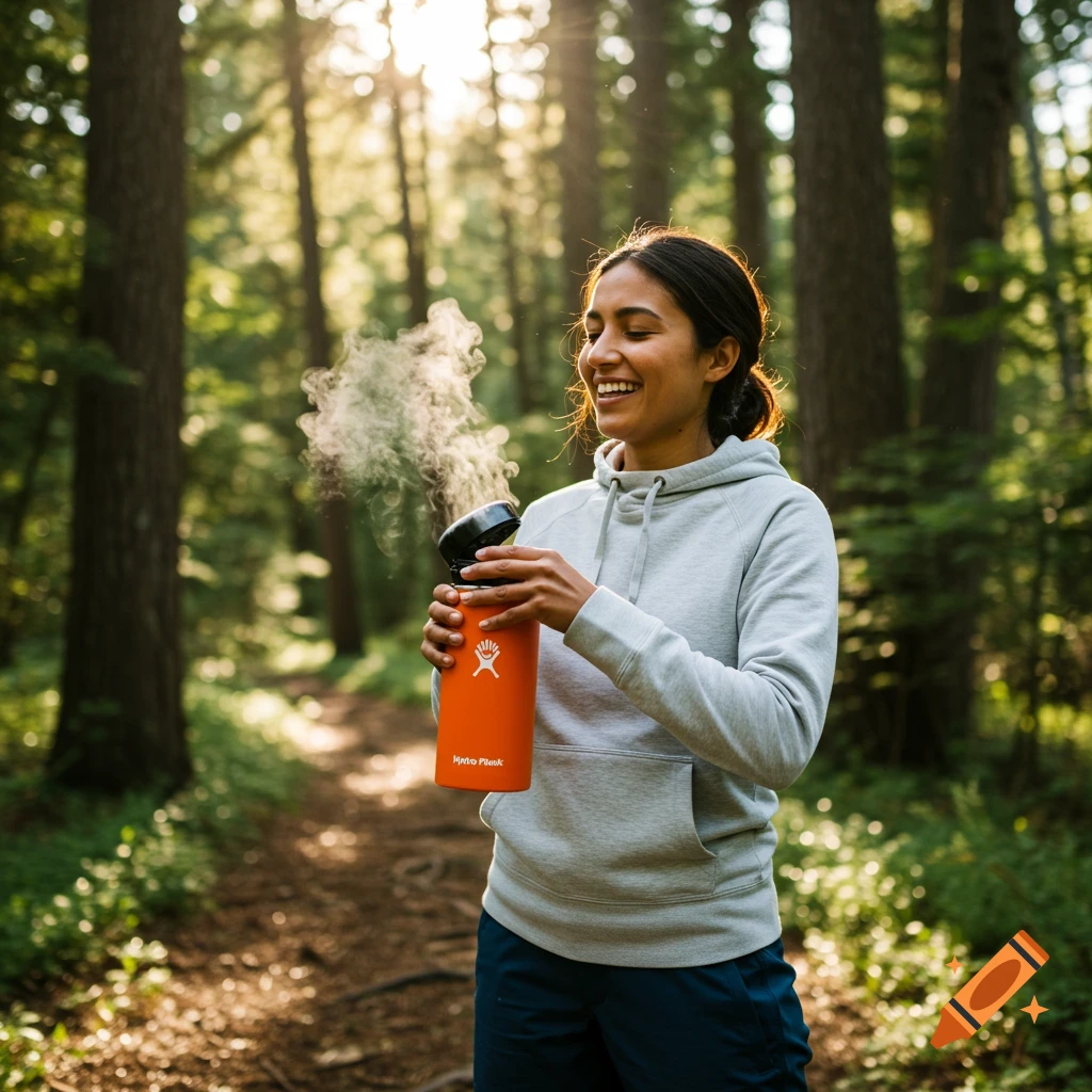 A smiling hiker opens an orange bottle in a sunny forest.