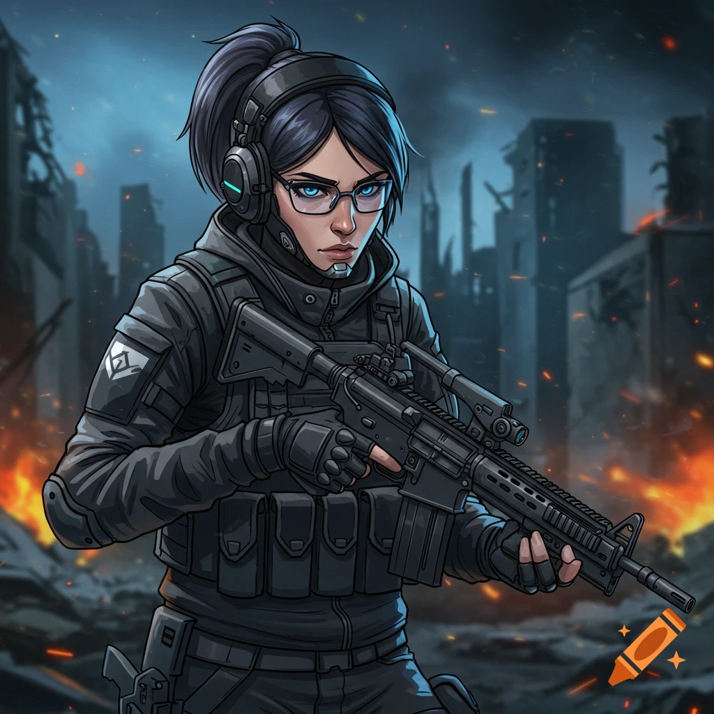 Illustrated female soldier in tactical gear holding a rifle in a ruined city.