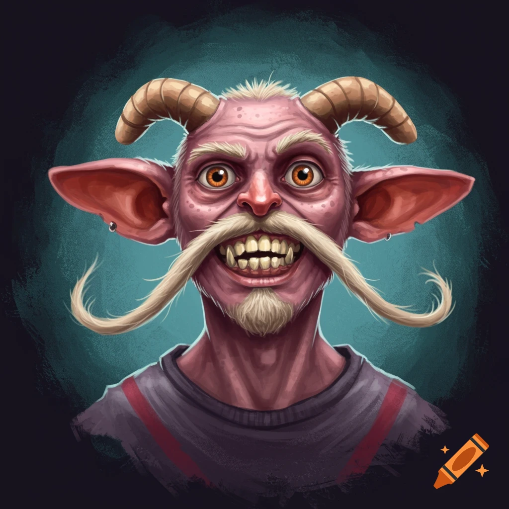 Illustration of a stylized horned creature with large ears, mustache, and grin.