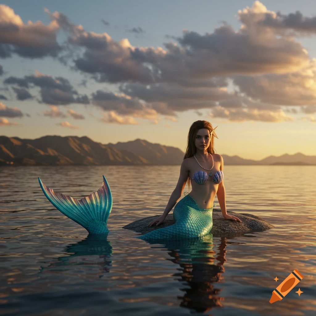 Photorealistic render of a mermaid sitting on a rock in a lake at sunset, with mountains in the background.