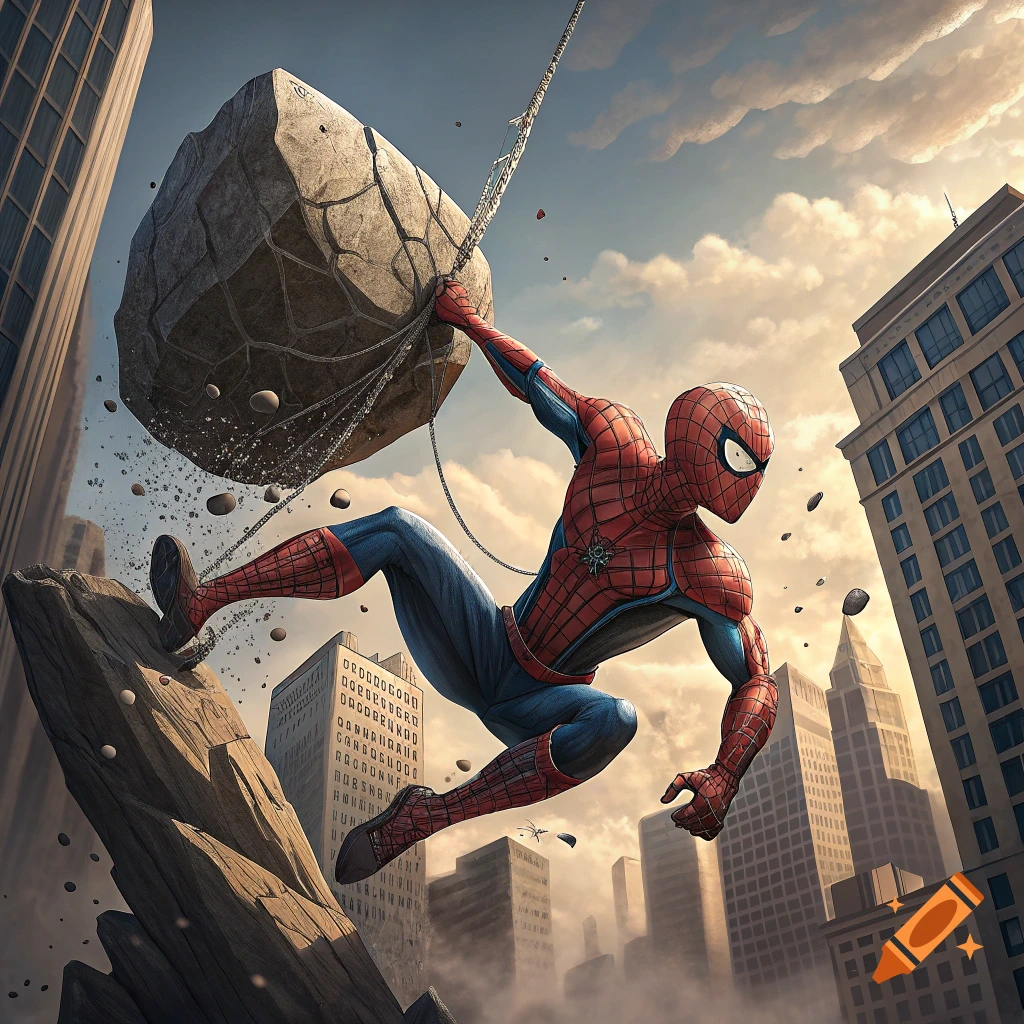 Spider-Man swings a large rock on a web line through a city.