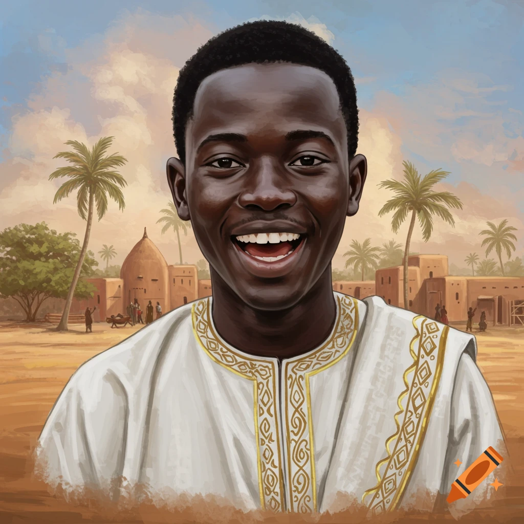 A smiling young man in a white tunic with gold patterns stands before a village scene with palm trees in a painted style.