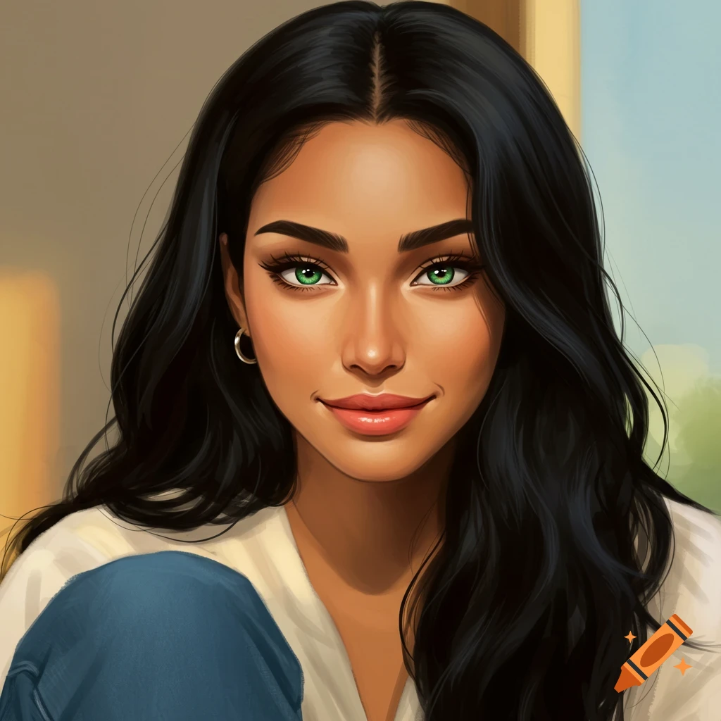 A portrait of a smiling woman with black hair and green eyes.