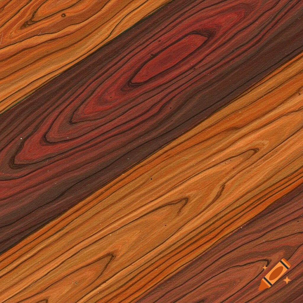 Close-up view of diagonally striped wood grain in shades of orange, brown, and red.