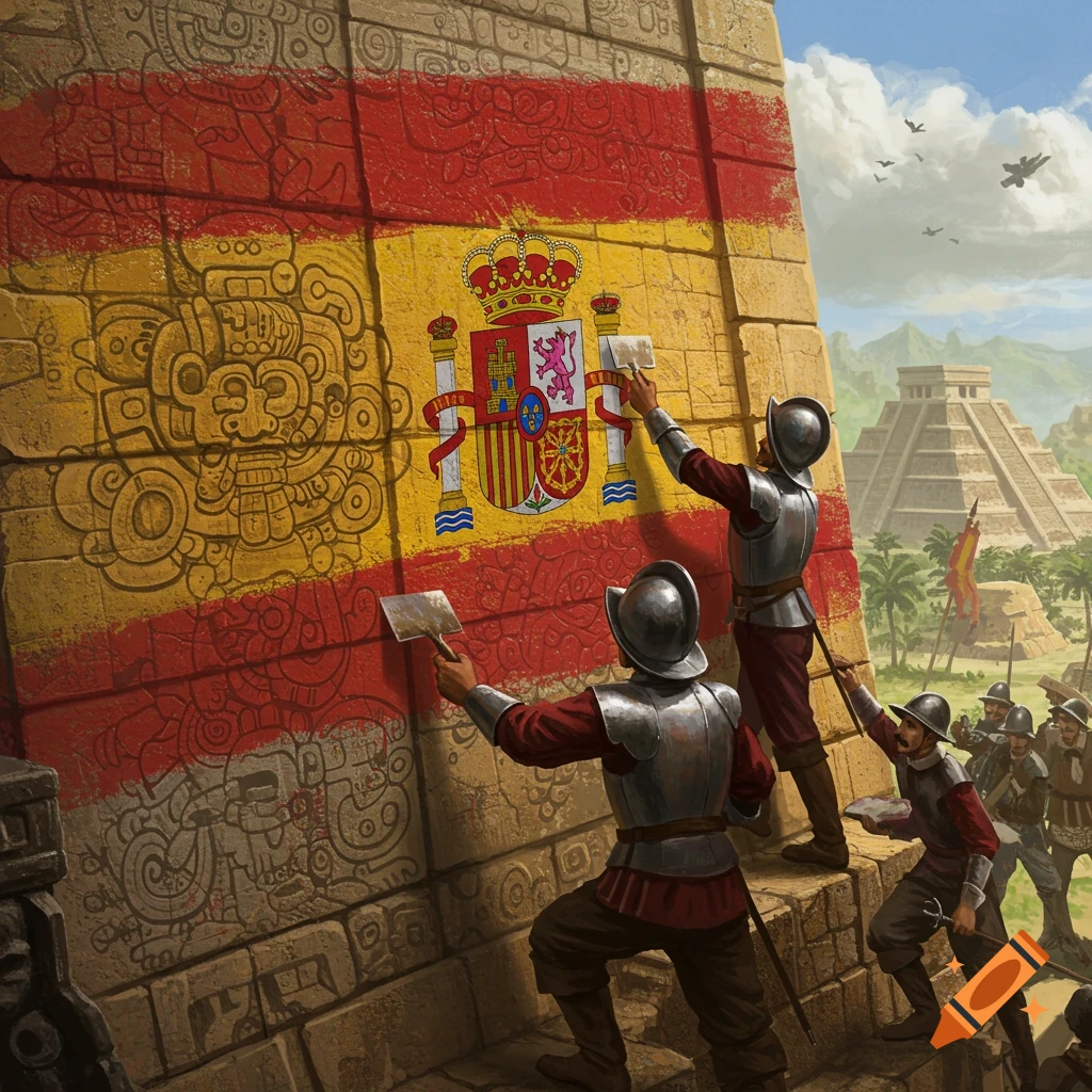 Spanish conquistadors paint a Spanish flag over ancient carvings on a stone temple, with a pyramid in the background.