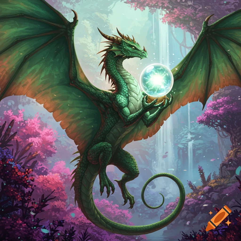 A green dragon holds a glowing crystal ball in a fantasy forest with pink trees and a waterfall.