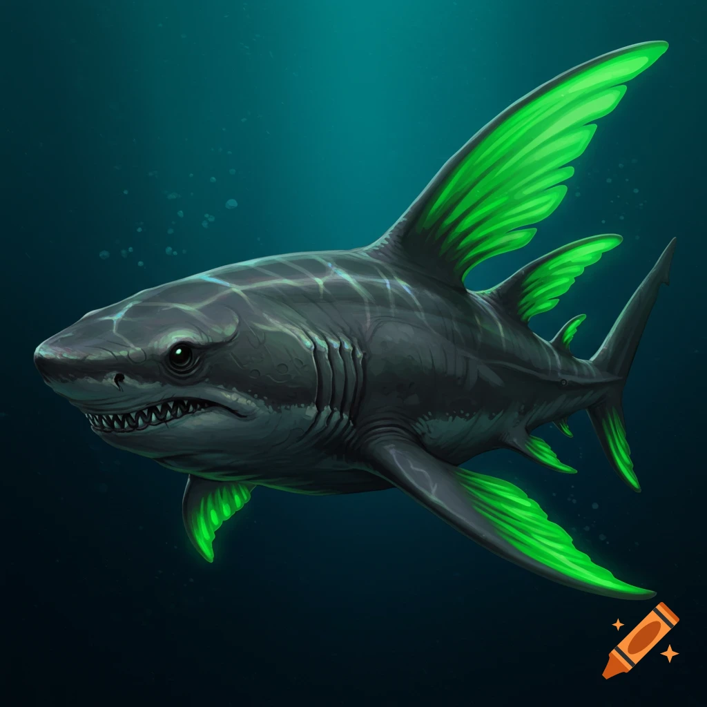 A dark grey fantasy shark with glowing green fins and markings swims underwater