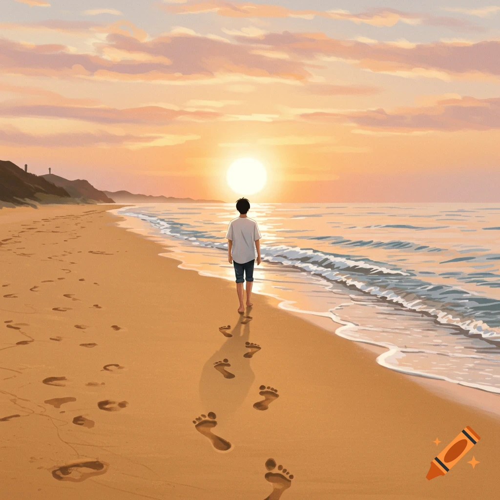 A person walks away on a beach at sunset, leaving footprints in the sand. Painterly style.