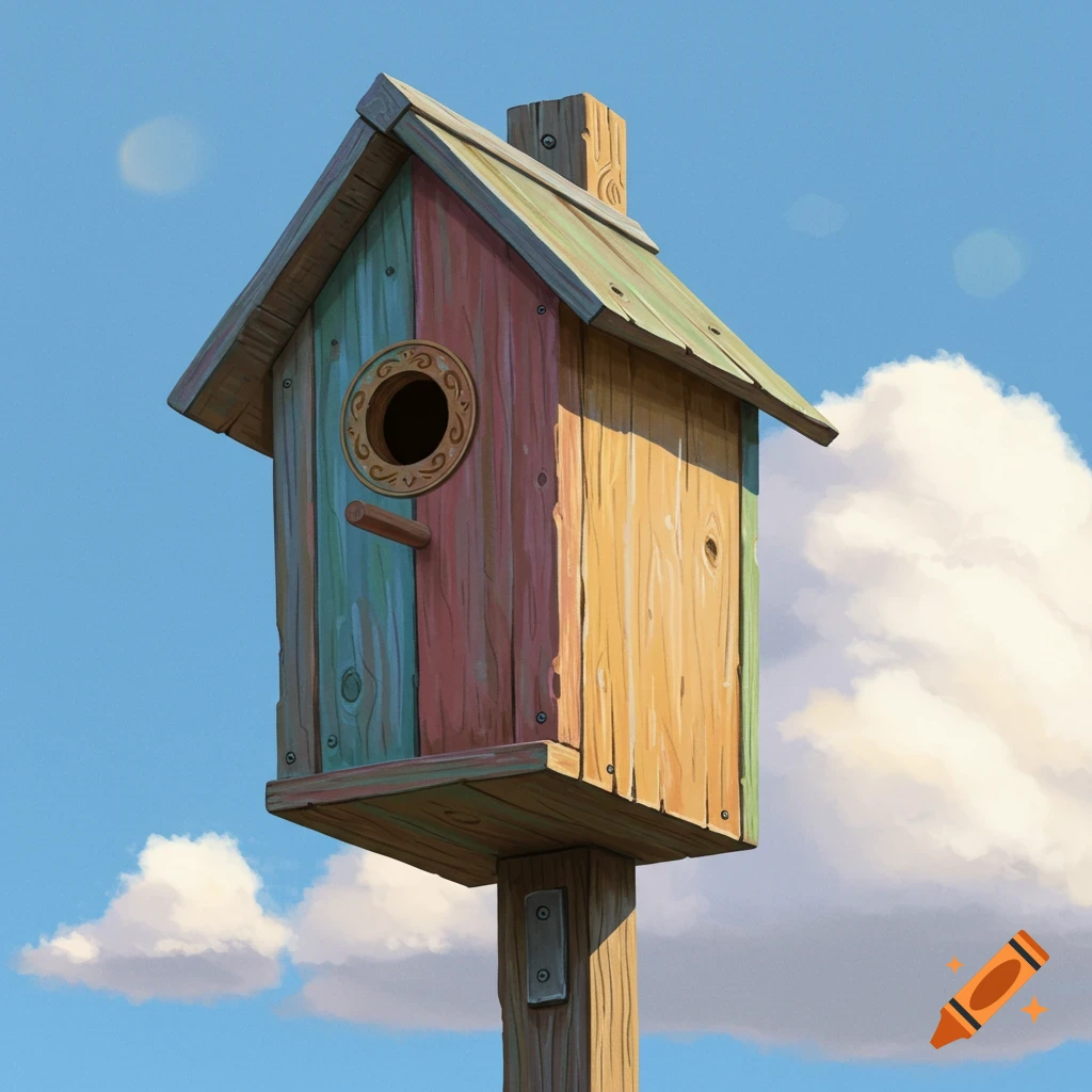 A colorful wooden birdhouse on a pole against a blue sky with clouds.