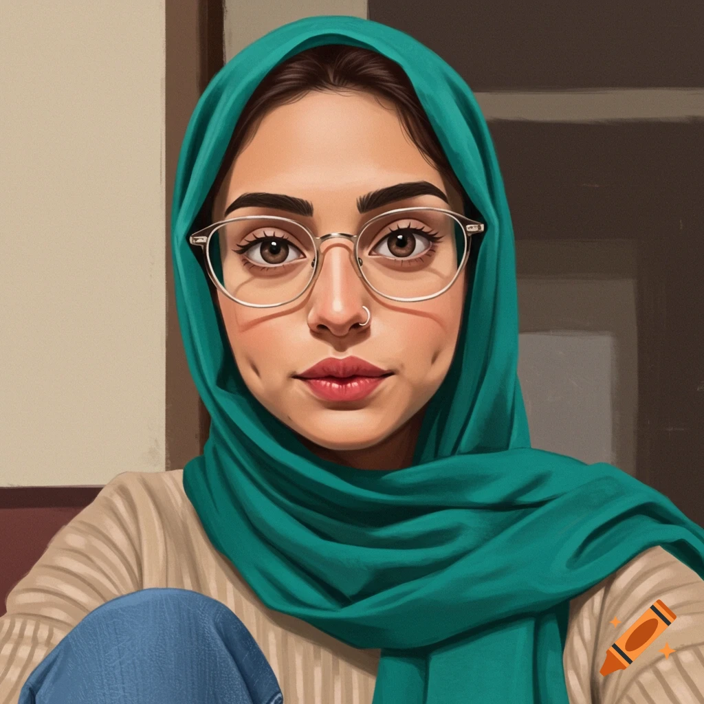 Close-up portrait of a young woman wearing a turquoise hijab, glasses, and nose ring.