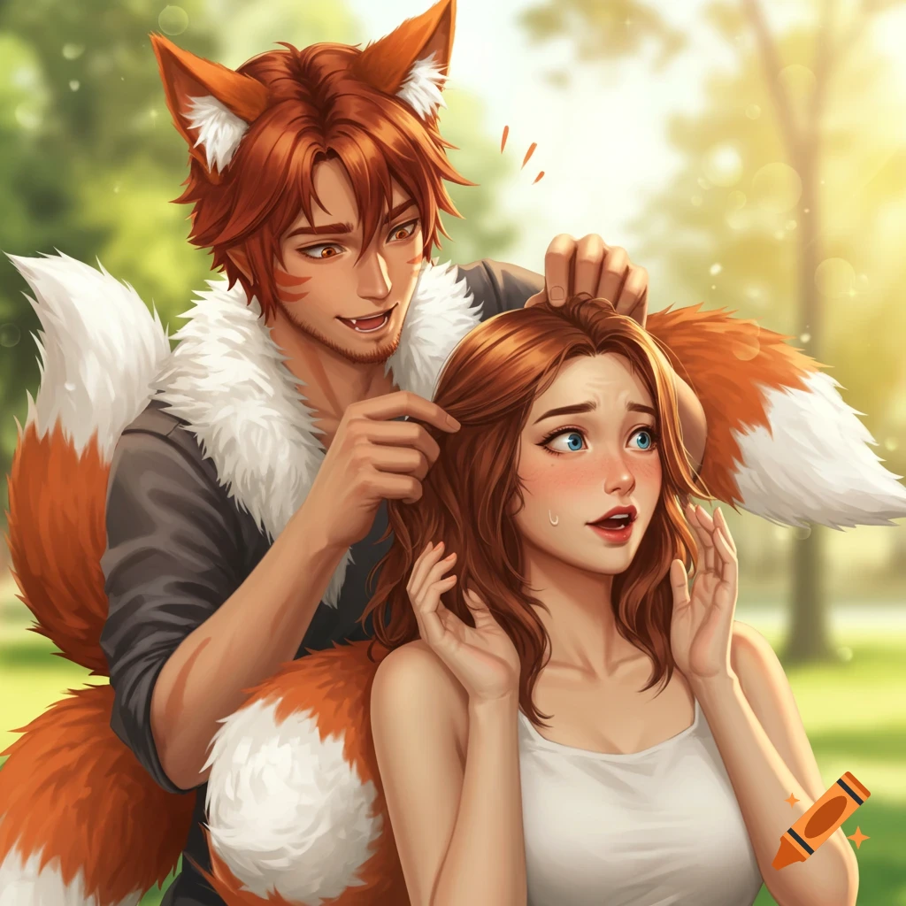 An anime illustration of a man with fox ears and tails teasing a surprised woman in a park.