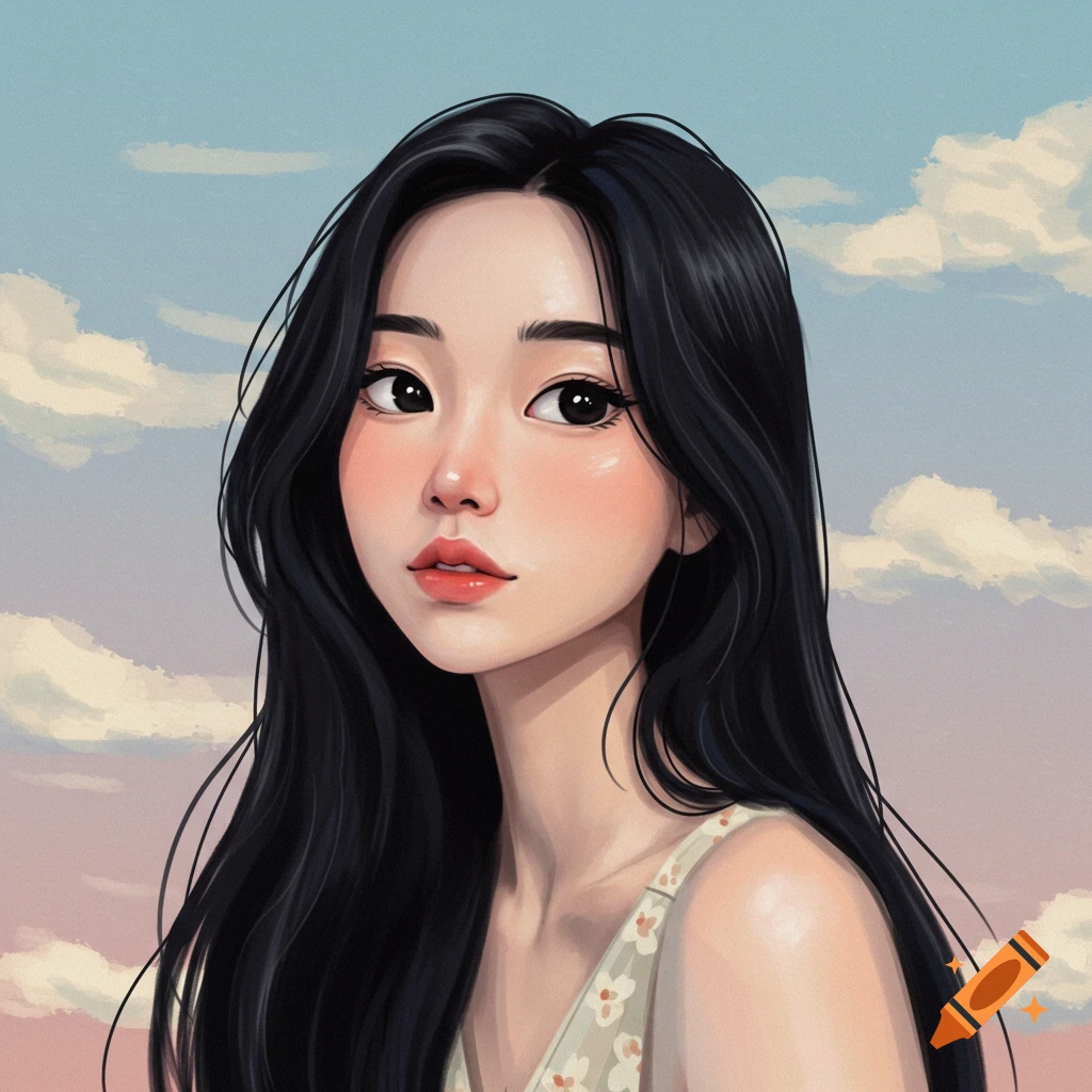 Illustration of a young woman with long black hair against a cloudy sky