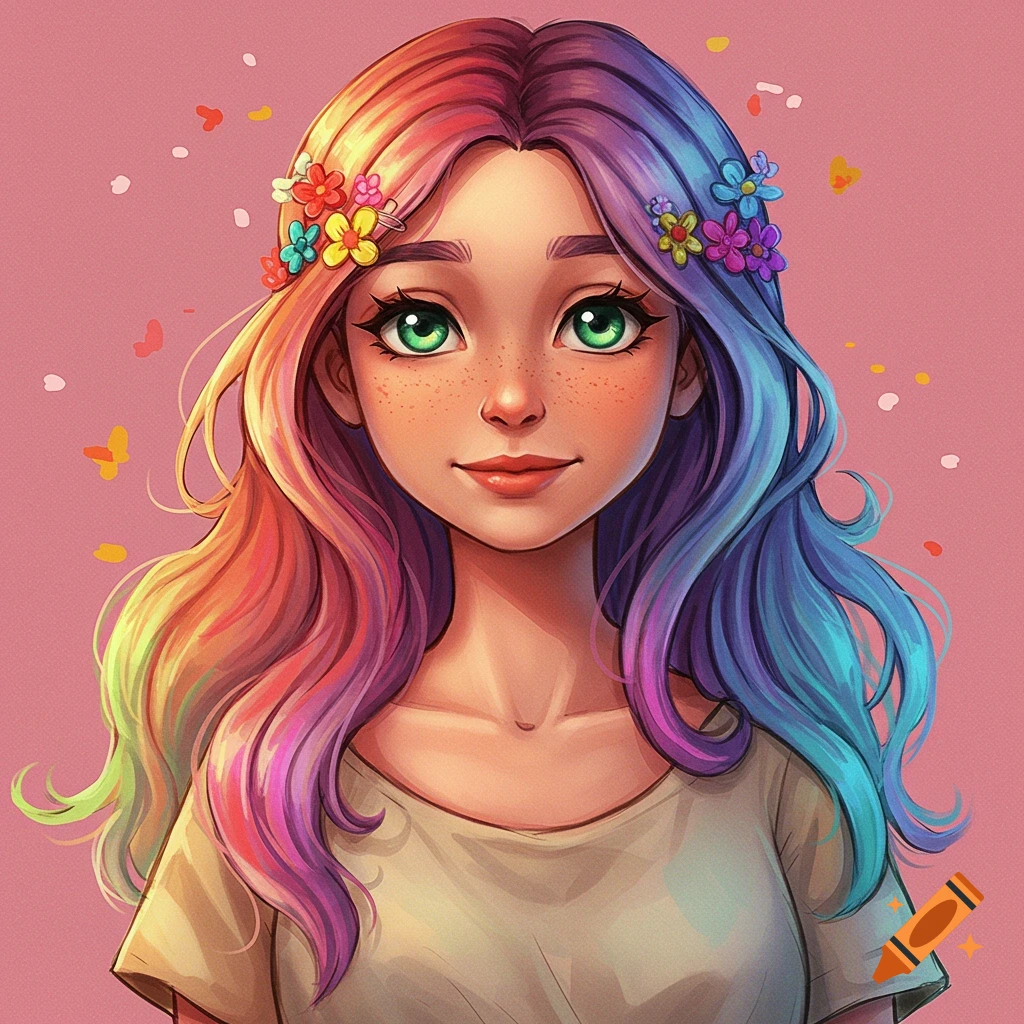 Illustration of a girl with rainbow hair, green eyes, freckles, and flowers in her hair against a pink background.