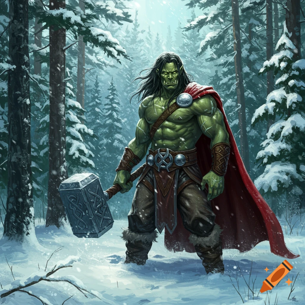 A muscular green orc warrior in a red cape holds a large hammer in a snowy forest.