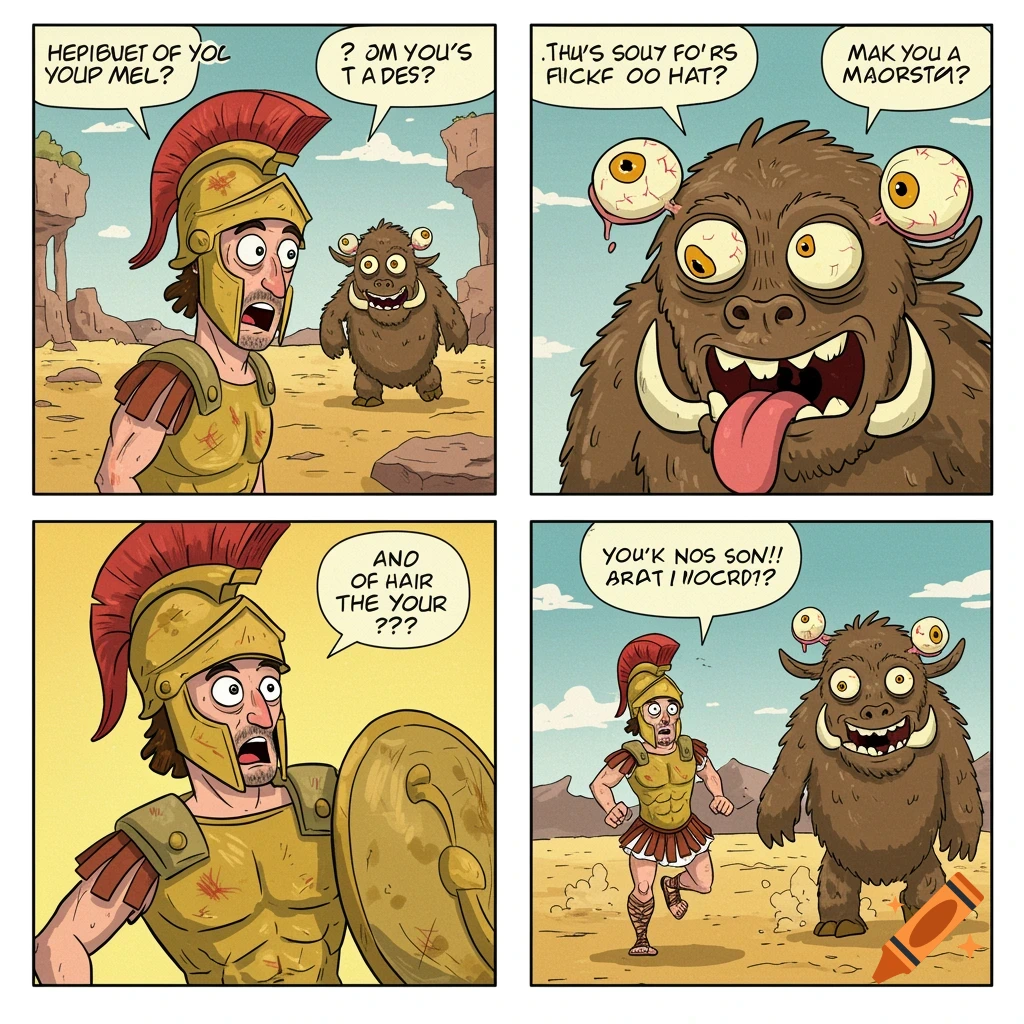 Funny comic strip of a Greek soldier and a monster