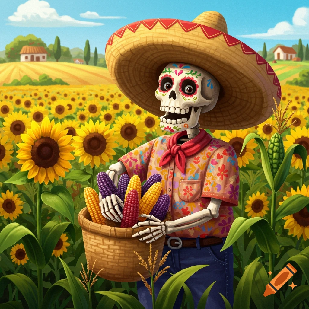 Illustration of a Mexican skeleton wearing a sombrero and picking colorful corn in a field of sunflowers.