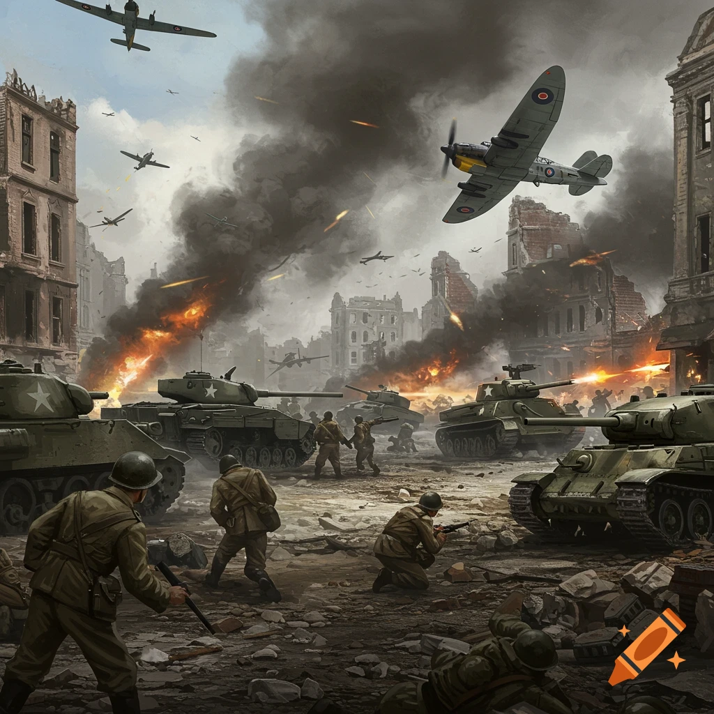 Illustration of a World War 2 battle scene with tanks, soldiers, planes, and destroyed buildings.