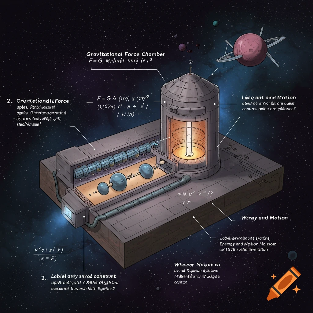 Gravitational Force Chamber diagram with equations for gravitational force and energy/motion.