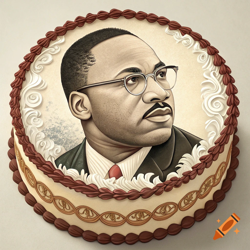 A detailed portrait of Martin Luther King Jr. on a decorated cake.