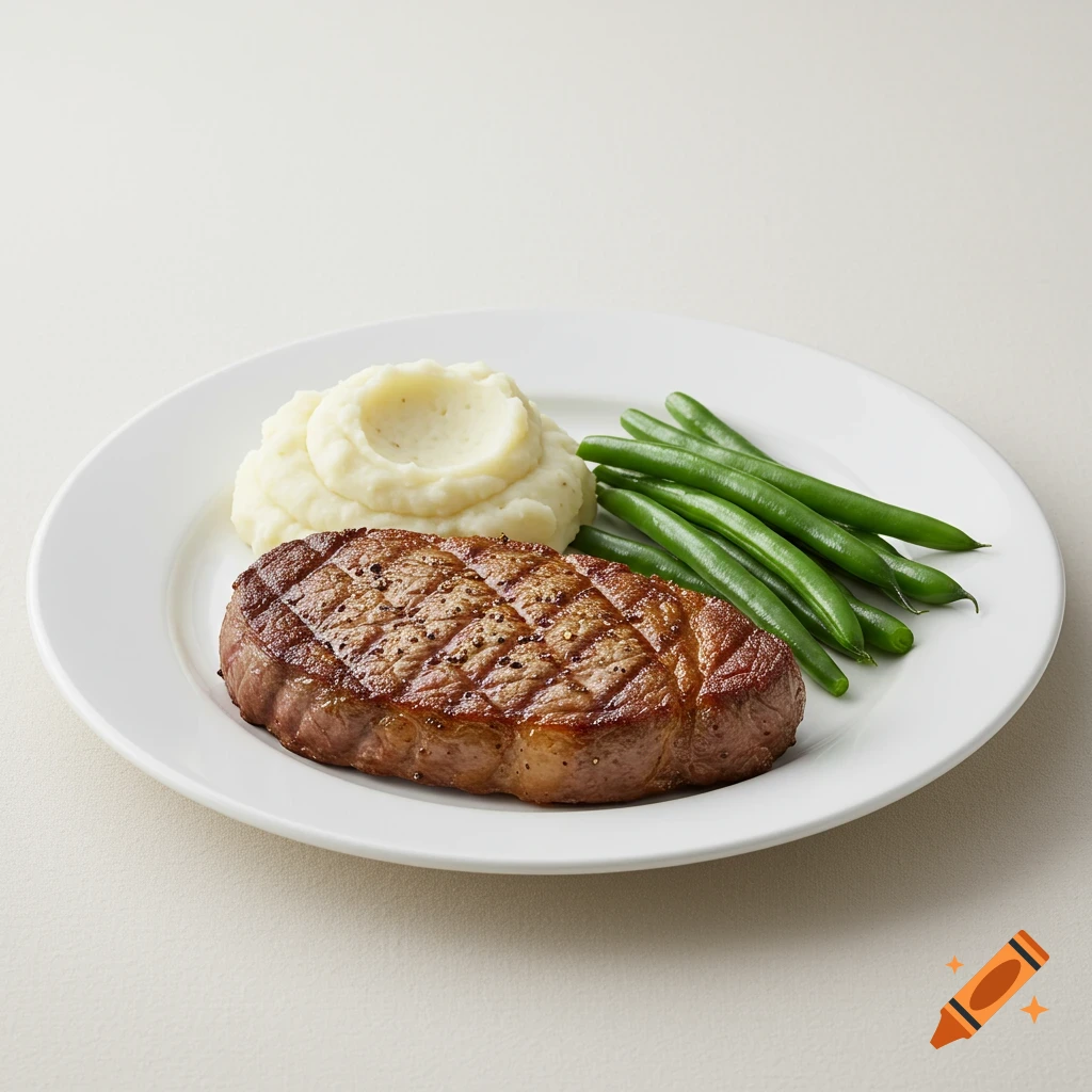 Grilled steak with mashed potatoes and green beans on a white plate.