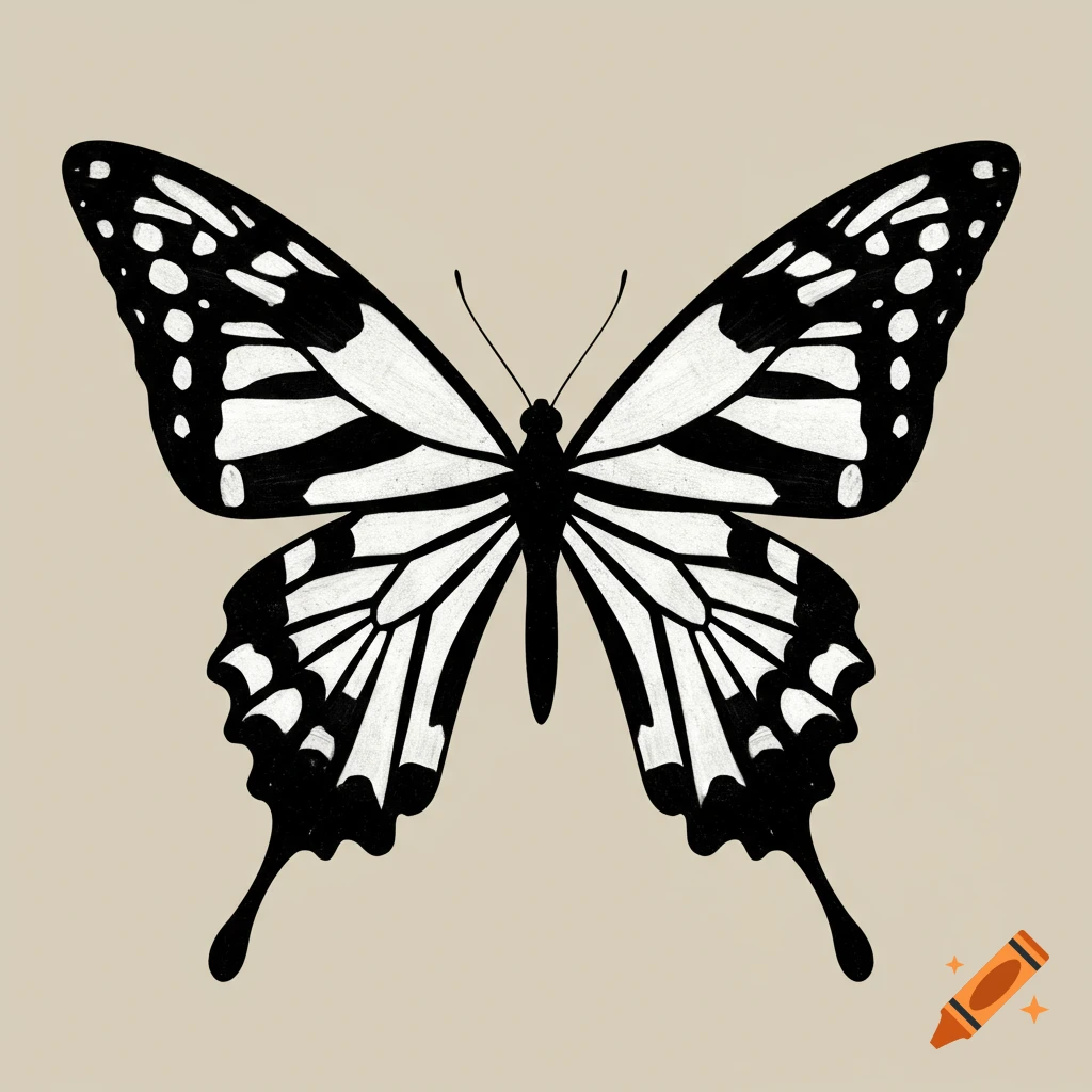 Black and white butterfly illustration on a tan background.