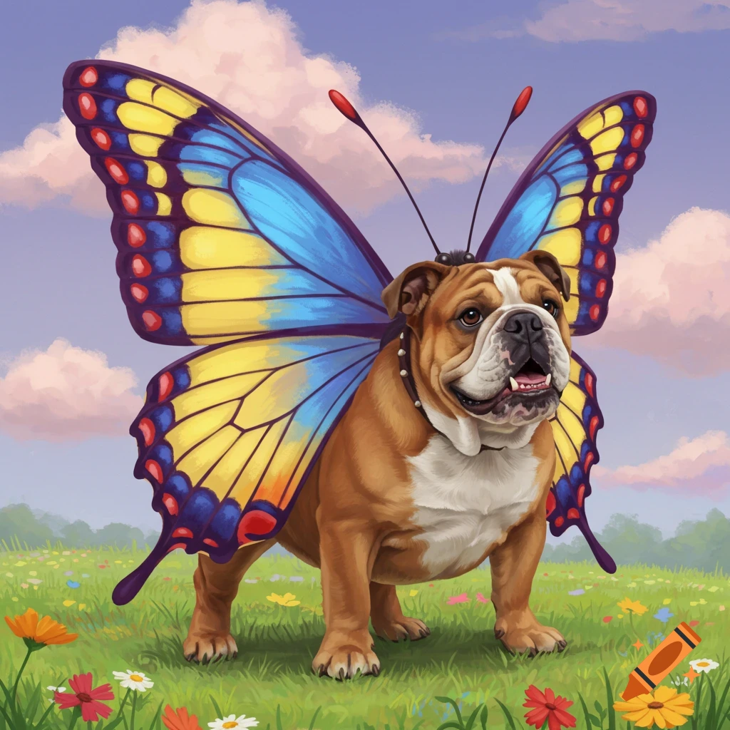A bulldog wearing large, colorful butterfly wings and antennae stands in a sunny field of wildflowers.
